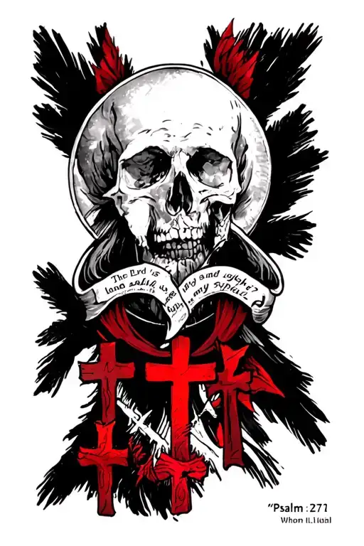 forearm tatto   “psalm 27:1The Lord is my light and my salvation— whom shall I fear? with 3 red crosses at the bottom  tattoo design idea