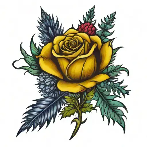 yellow rose, thistle and bottle brush and Scottish flag   tattoo design idea