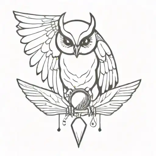 A skeletal owl with spread wings, holding in its talons a cracked hourglass with black sand flowing in both directions.  tattoo design idea