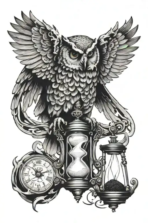 A skeletal owl with spread wings, holding in its talons a cracked hourglass with black sand flowing in both directions.  tattoo design idea