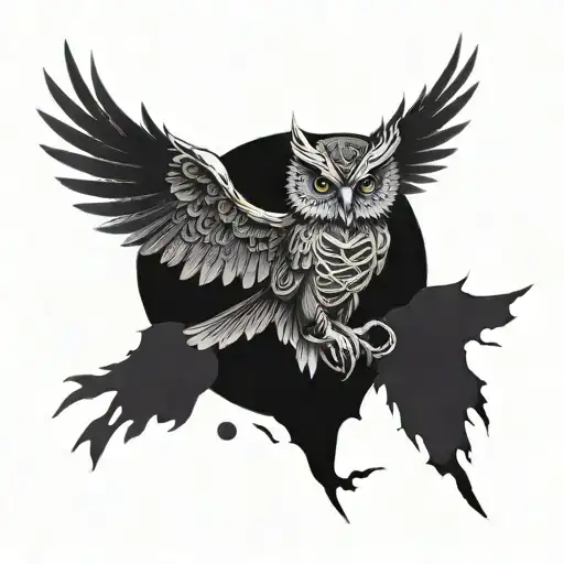 A skeletal owl with spread wings, holding in its talons a cracked hourglass with black sand flowing in both directions.  tattoo design idea