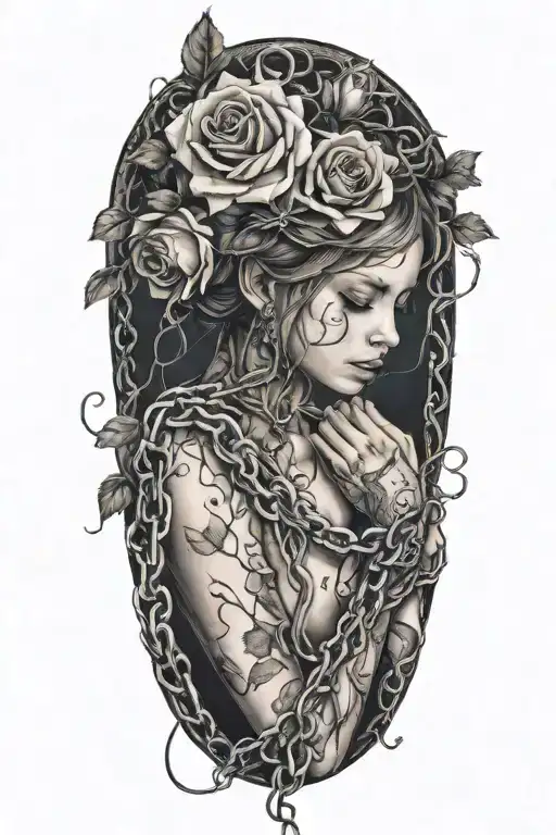 Naked girl, intertwined roots growing from chains on wrist, roses with sharp vines tattoo design idea