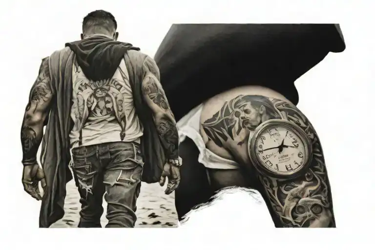 watch time 08:02, men holding boy walking on beach tattoo design idea