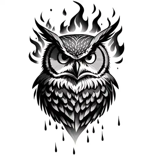 strong owl on fire in the raining jungle shadows arm sleeve tattoo tattoo design idea