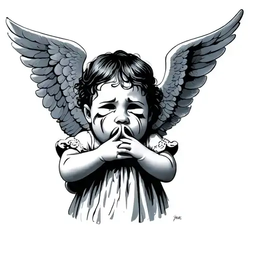 The angel child covers its mouth with its fingers, and on the left and right are two theatrical masks of sadness and joy tattoo design idea