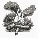campfire with smoke rising and embers being carried by the wind  tattoo design idea