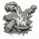 campfire with smoke rising and embers being carried by the wind  tattoo design idea