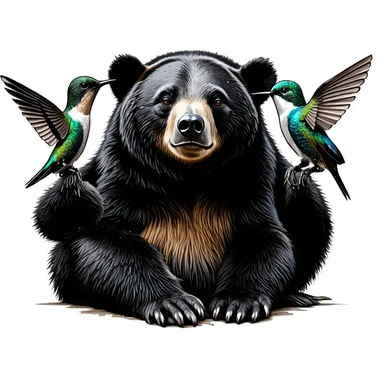 black bear sitting 2 hummingbirds tattoo design idea