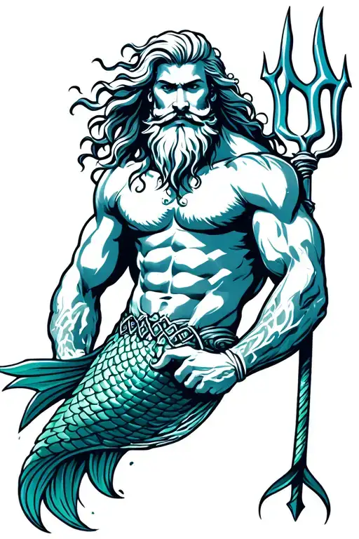 strong merman with beard, long hair and trident tattoo design idea