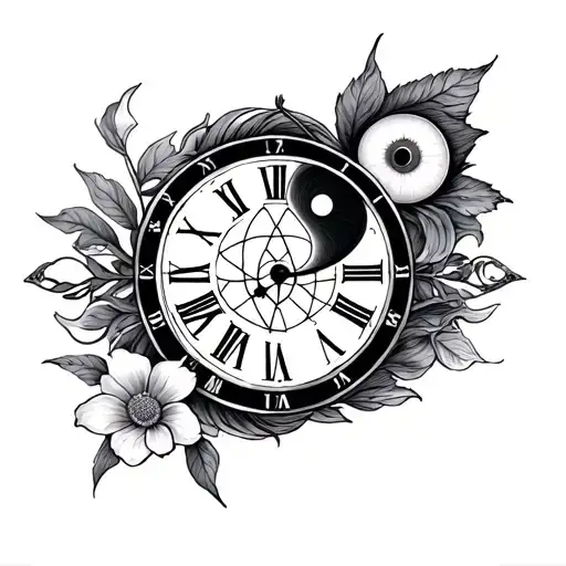Evil Eye, Pisces Sign, Yin Yang, And Flower Of Life With Clock In Roman Numerals Tattoo tattoo design idea