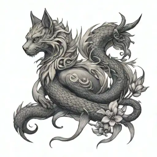Elegant tattoo of a female tazelwurm cat dragon, full body picture with its feathery tail wrapped around an orchid tattoo design idea