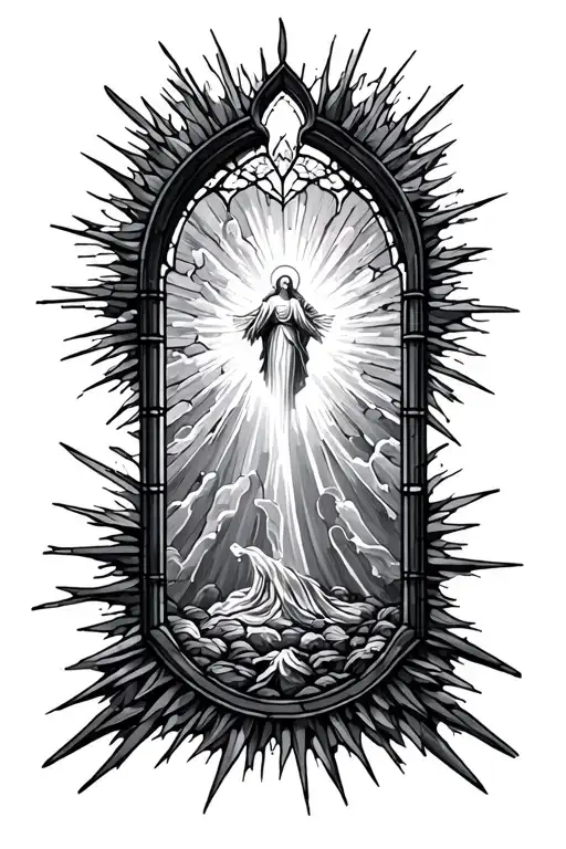 stained glass window bursting open at top and revealing heaven, only including bursts of light tattoo design idea