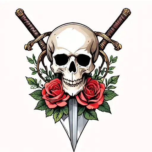 a skull with a sword and roses intertwined tattoo design idea