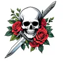 a skull with a sword and roses intertwined tattoo design idea