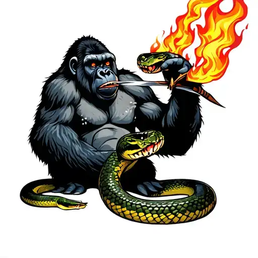 gorilla with flame eyes eating a snake with a dagger piercing tattoo design idea