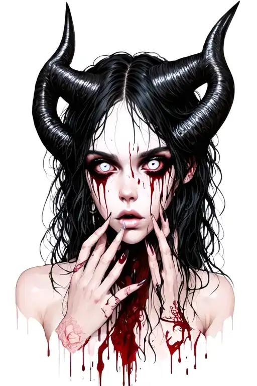 Sexy pale skinny Girl, pure white eyes, demonic black horns, messy black hair, long terrifying fingernails. bloody. tattoo design idea