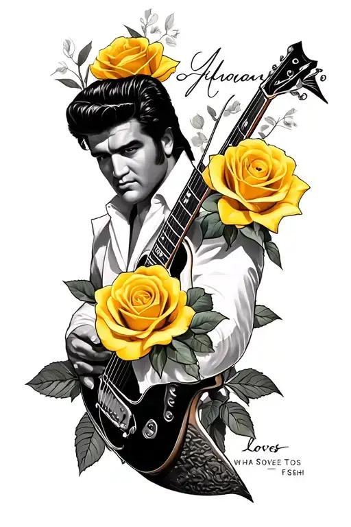 yellow roses with minimalist elvis theme and a signature for a man who also loves to fish tattoo design idea