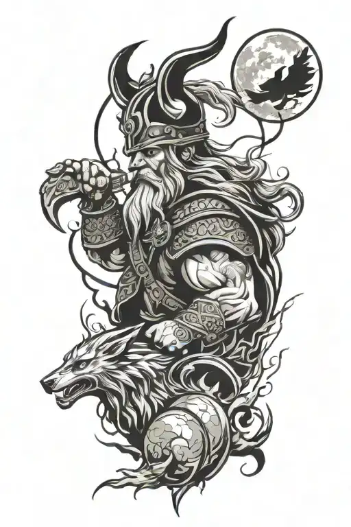 Viking style, Odin with ravens, lightning storm, fenrir with moon tattoo design idea