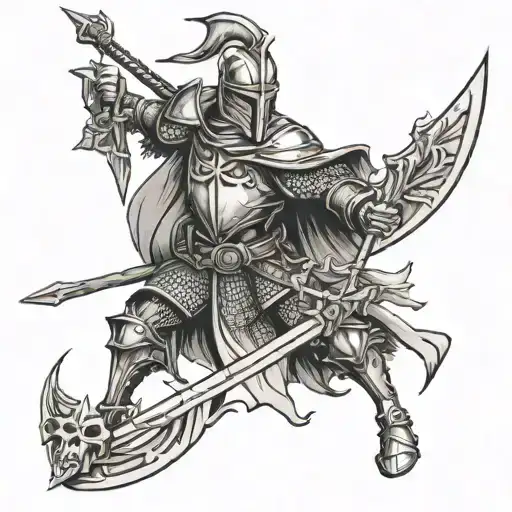 medieval knight with a halberd killing a wendigo tattoo design idea