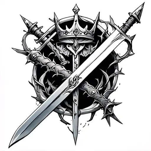 back tattoo with sword and crowns and thorns wrapped tattoo design idea