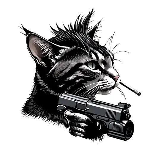 Side profile of cat with mohawk smoking a joint while holding a gun tattoo design idea