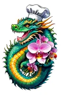 Dragon wrapped around a bouquet of orchids with a chef's hat on top tattoo design idea