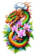 Dragon wrapped around a bouquet of orchids with a chef's hat on top tattoo design idea