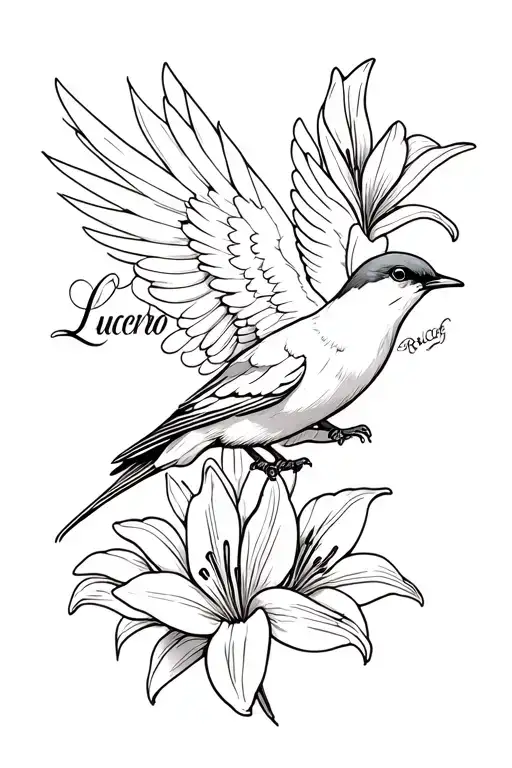 barn swallow bird back with the cursive writing of "Lucero" under the wing and 3 lilies surrounding the bird  tattoo design idea