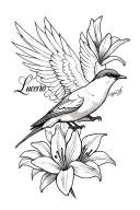 barn swallow bird back with the cursive writing of "Lucero" under the wing and 3 lilies surrounding the bird  tattoo design idea