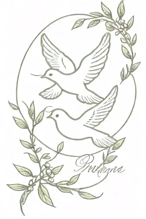 A dove carrying an olive branch and a baby's name in a delicate script font tattoo design idea