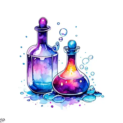 three potion bottles, different shapes colours witchcraft labels, 1 open leaking bubbles sparkles magic tattoo design idea