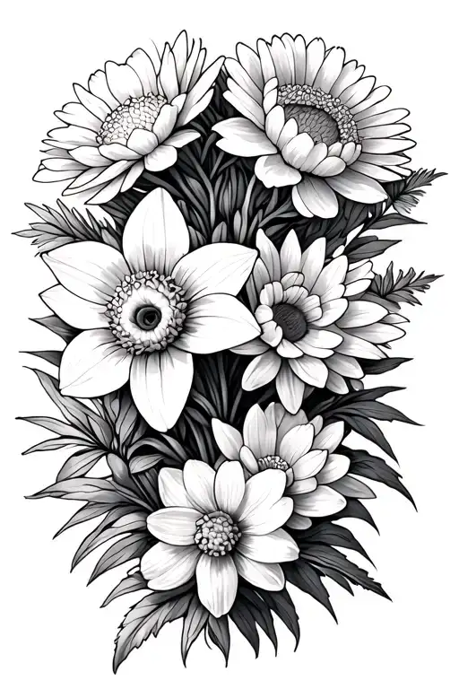 daffodil, chrysanthemum and aster flowers intertwined together tattoo design idea