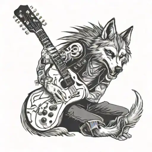A black and grey portrait of a punk rocker with a skull face paint, holding a guitar and surrounded by howling wolves tattoo design idea