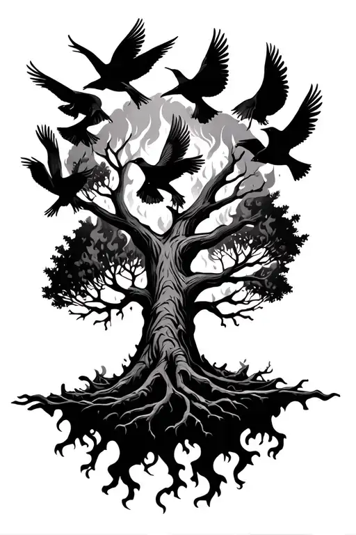 Poision Tree On Fire With Birds tattoo design idea