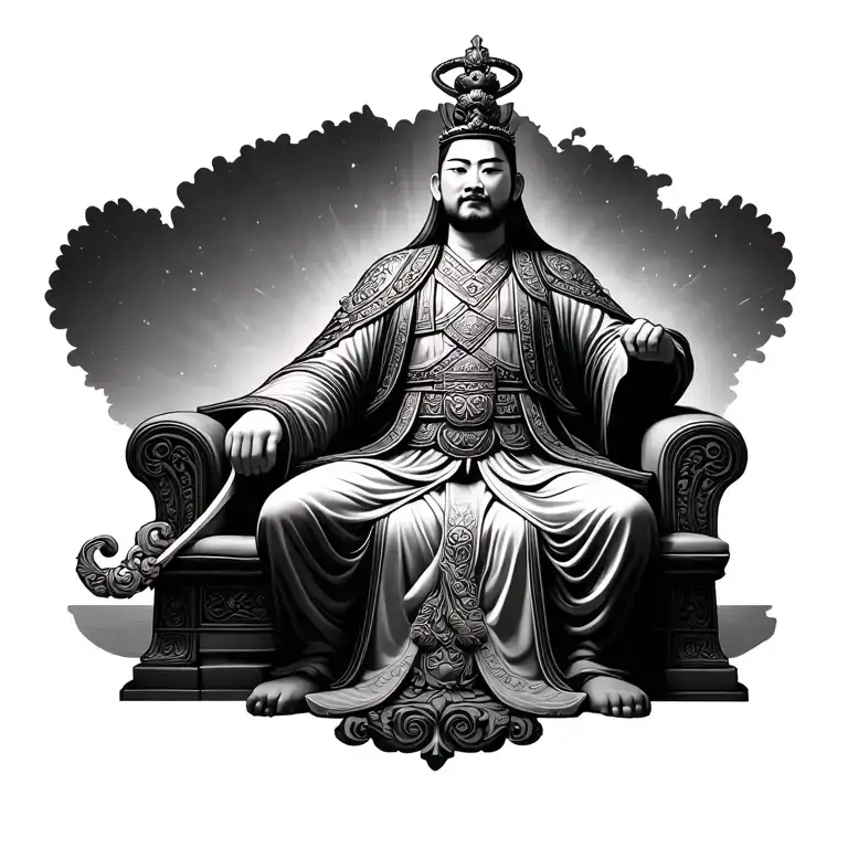 korean king sitting on a throne statue full body tattoo design idea