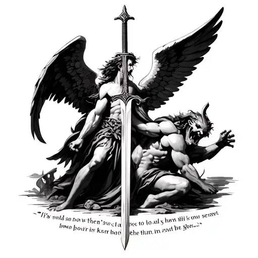 archangel defeating demon with sword with bible verse written below tattoo design idea
