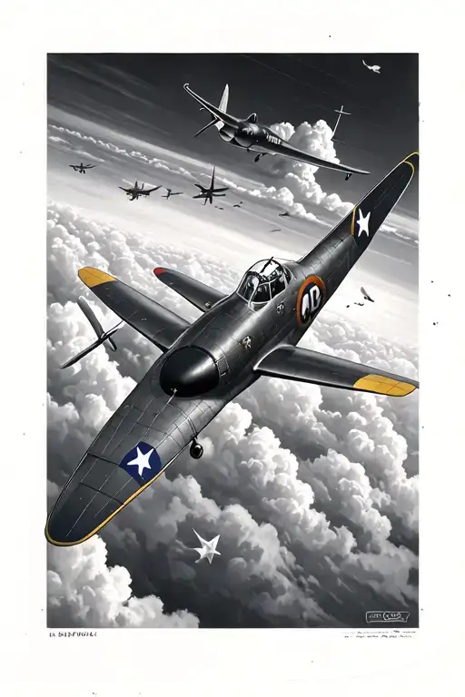 spitfire with the sky and full of other planes tattoo design idea