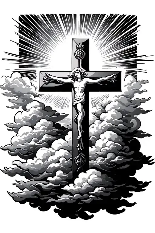 cross surrounded by clouds with sun rays shining through the clouds tattoo design idea