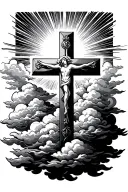cross surrounded by clouds with sun rays shining through the clouds tattoo design idea