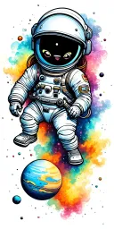Outer Space with astronaut floating in colorful dust with galaxies. planets, astroids and a cute little Alien spaceship tattoo design idea