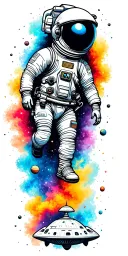 Outer Space with astronaut floating in colorful dust with galaxies. planets, astroids and a cute little Alien spaceship tattoo design idea