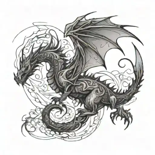 Description of the combined sketch:Silhouette of a dragon:The dragon is depicted as an abstract silhouette with several powerful lines. tattoo design idea