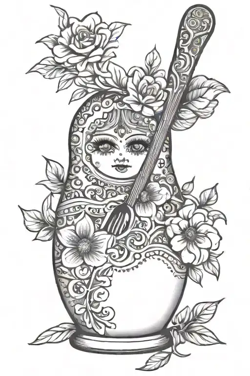 Russian nesting doll holding a wooden spoon and a flower bouquet. in a traditional Russian style of tattoo tattoo design idea