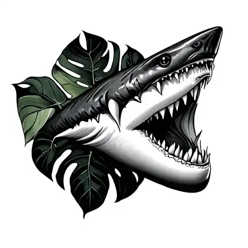 snaggle tooth shark tooth with monstera leaf pattern inside of it tattoo design idea