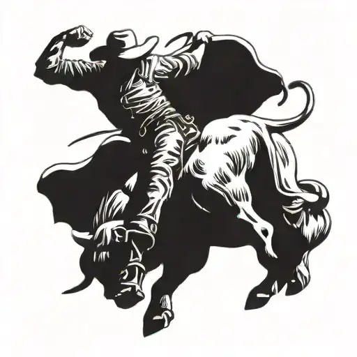 A bull rider riding a fierce bull in a traditional rodeo scene tattoo design idea