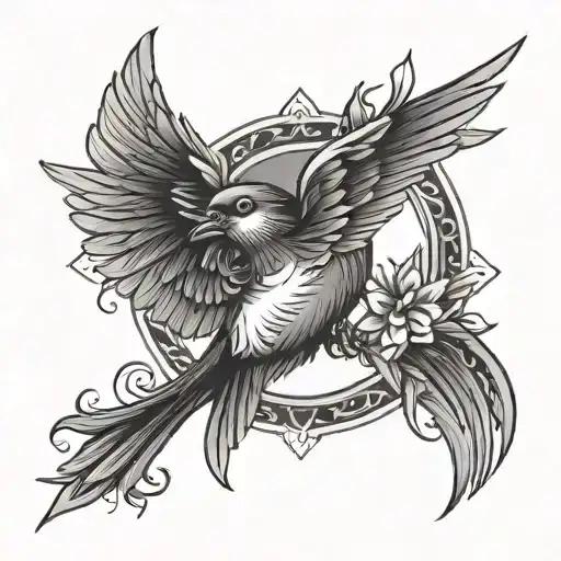 vertical tattoo with a line and a star in a middle with a swallow bird following it tattoo design idea