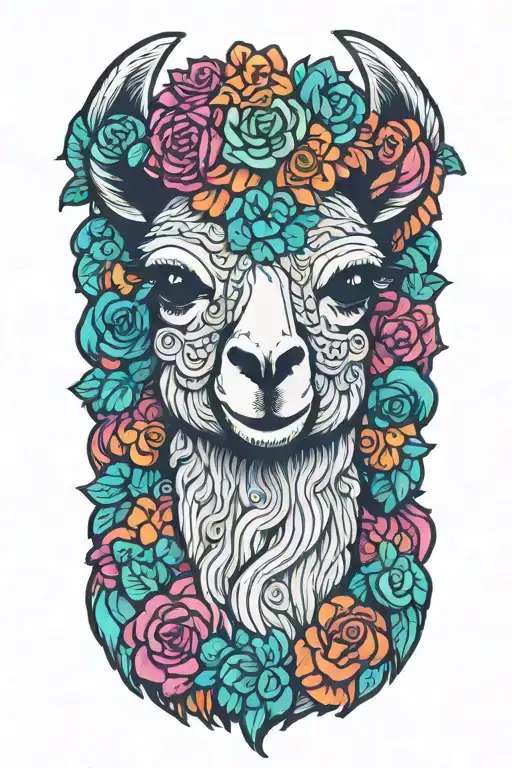 colorful llama with flower crown knitting a blanket tattoo design idea