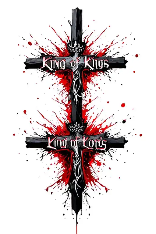 the words "King of Kings" on top of the words "Lord of Lords" on top of three identical crosses tattoo design idea