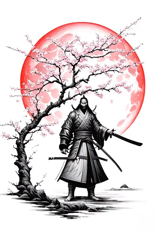 Lonely ronin samurai next to cherry blossom tree with red moon behind him  tattoo design idea