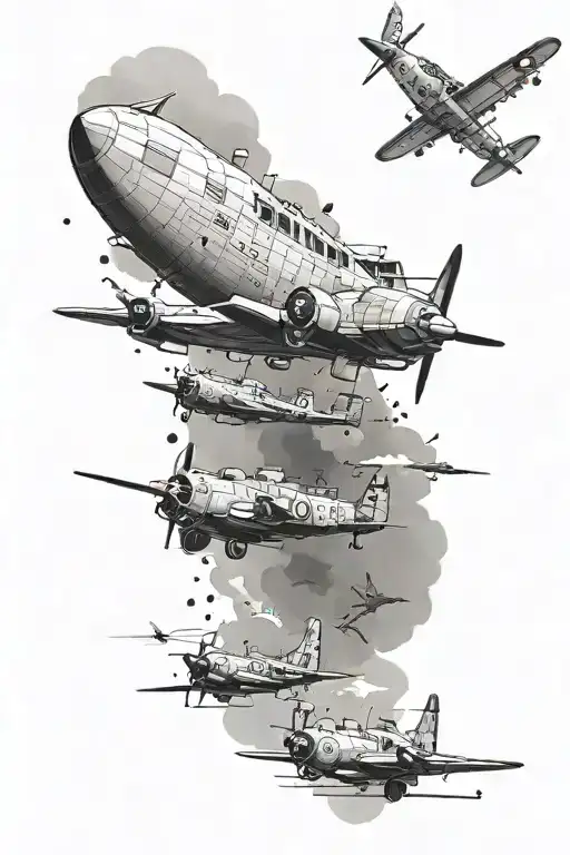 A surreal fusion of British army WW2 elements like soldiers, tanks, and aircrafts, blended seamlessly for a leg tattoo tattoo design idea